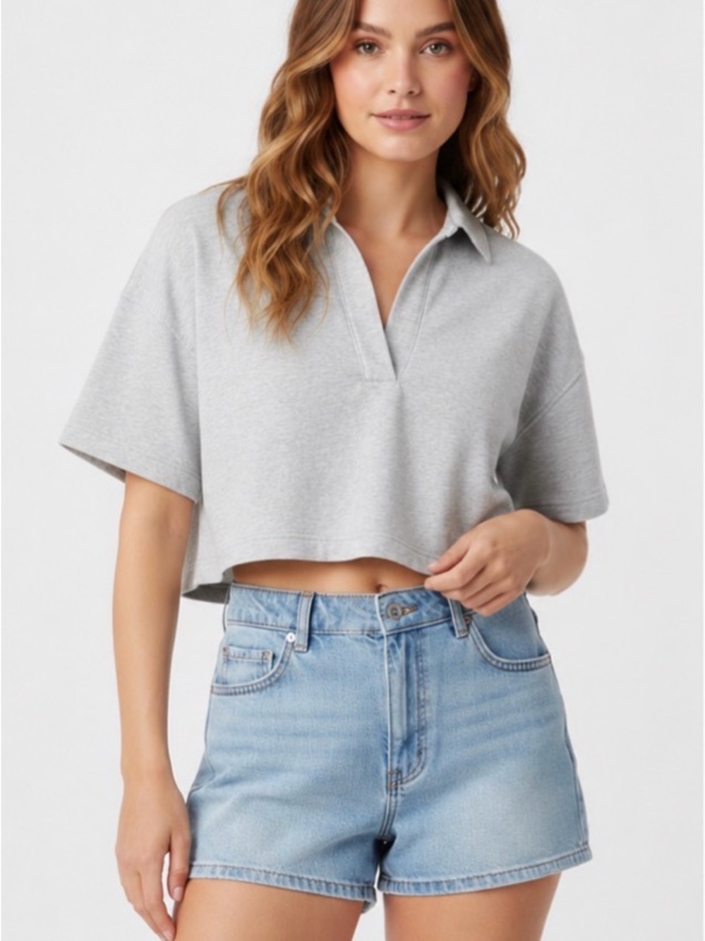 Aerie Heather Light Gray Cropped Polo Top